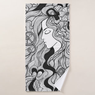 Girl and music. Vintage illustration. Black outlin Bath Towel