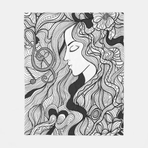 Girl and music. Vintage illustration. Black outlin Fleece Blanket