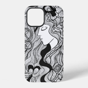 Girl and music. Vintage illustration. Black outlin iPhone 12 Case