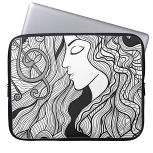 Girl and music. Vintage illustration. Black outlin Laptop Sleeve