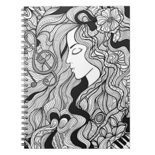 Girl and music. Vintage illustration. Black outlin Notebook