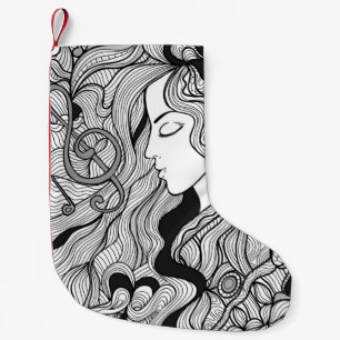 Girl and music. Vintage illustration. Black outlin Small Christmas Stocking