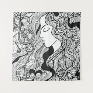 Girl and music. Vintage illustration. Black outlin Tapestry