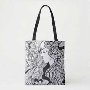 Girl and music. Vintage illustration. Black outlin Tote Bag