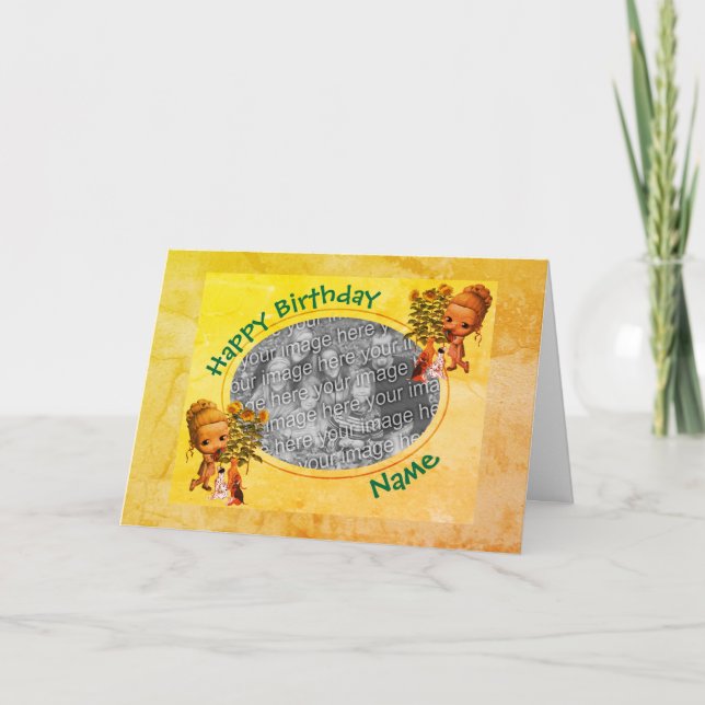 Girl And Puppies Photo Frame Birthday Card (Front)