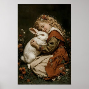 Girl And Rabbit Print, Antique Bunny Printable Poster