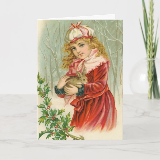 Girl and Rabbit Vintage Christmas Holiday Card (Front)