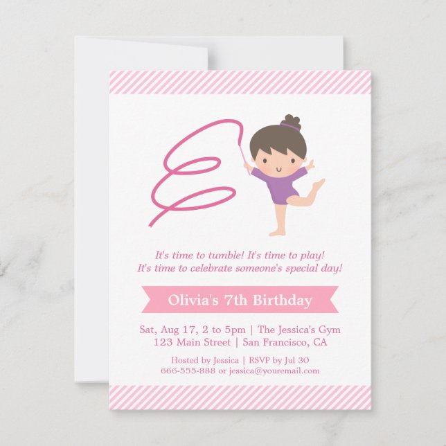 Girl and Ribbon Gymnastics Kids Birthday Party Invitation (Front)