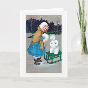 girl and snowan , retro holiday card