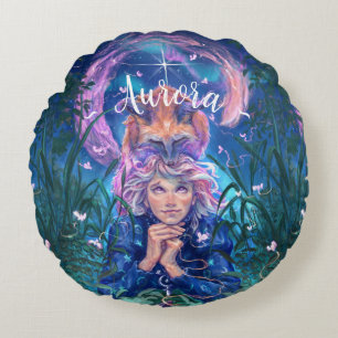 Girl and the magicfox stary night in the forest round cushion