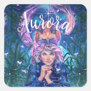 Girl and the magicfox stary night in the forest square sticker