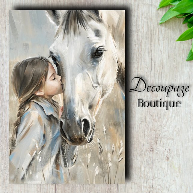 Girl and White Horse Farmhouse Country Decoupage  Tissue Paper (Boy with Puppy Rustic Vintage Decoupage Tissue Paper)