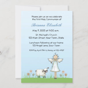 Girl Angel and Lamb, Blue, First Communion Invitation