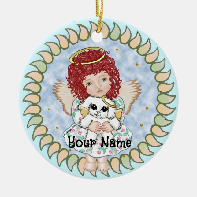 Girl Angel Holding Dog Ceramic Tree Decoration (Front)