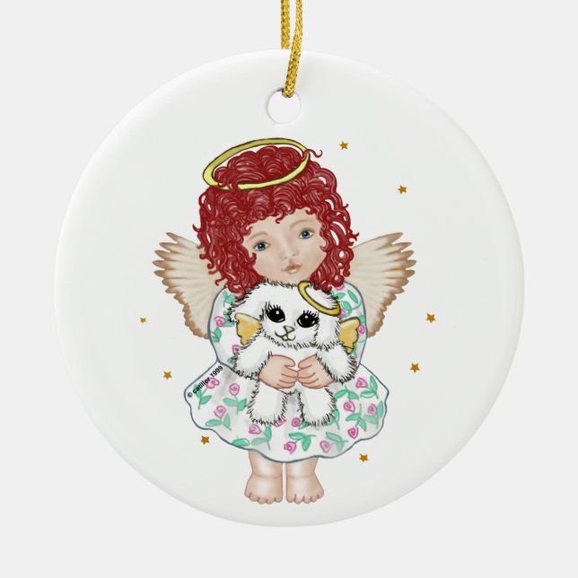 Girl Angel Holding Dog Ceramic Tree Decoration (Front)