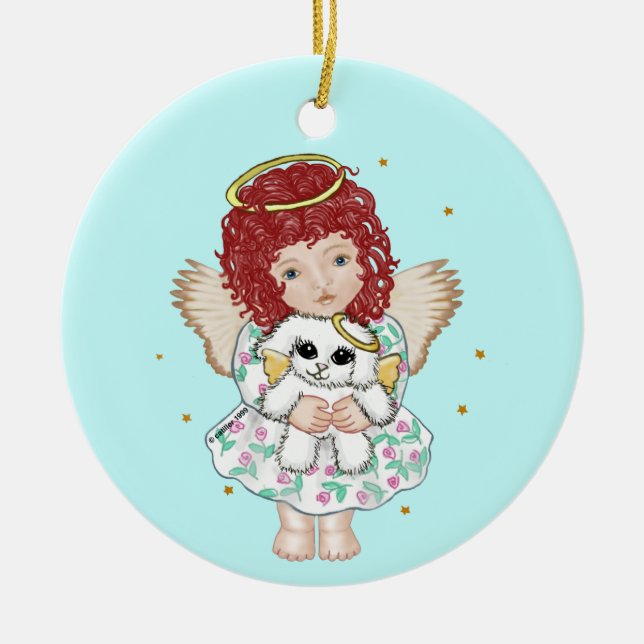 Girl Angel Holding Dog Ceramic Tree Decoration (Front)