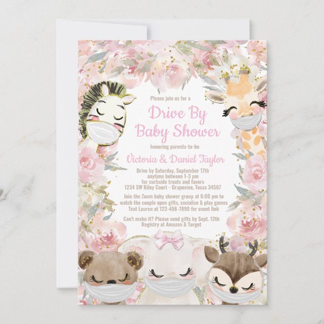 Girl Animal With Masks Drive By Baby Shower Invitation (Front)