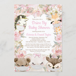 Girl Animal With Masks Drive By Baby Shower Invitation