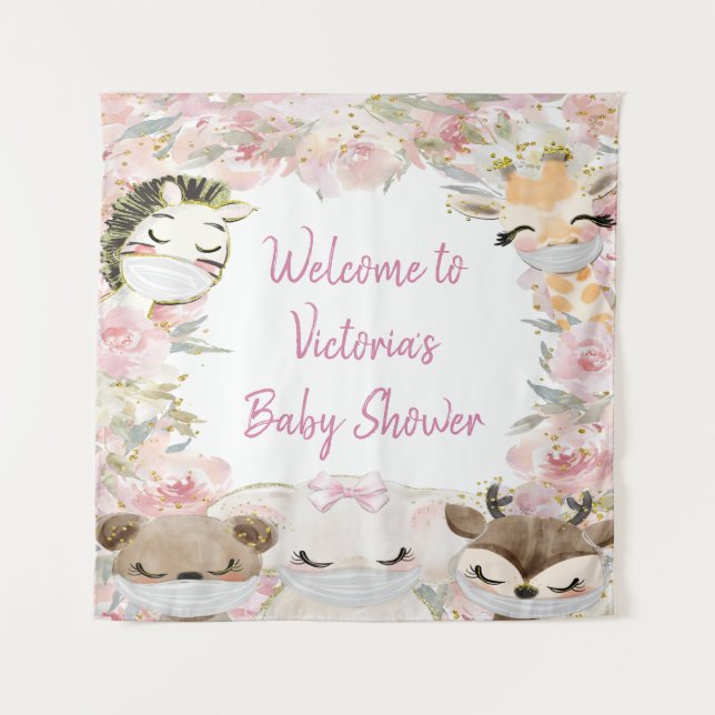 Girl Animals With Masks Baby Shower SQ Backdrop Tapestry (Front)