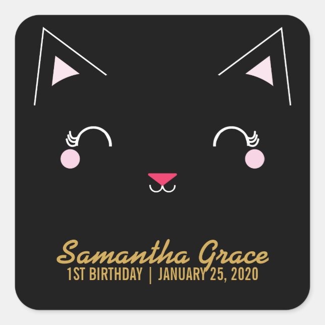 girl ANY AGE kitty CAT BIRTHDAY party black Square Sticker (Front)