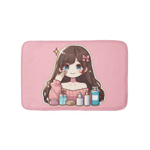 Girl applying skincare cute anime art bath mat