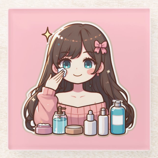 Girl applying skincare cute anime art glass coaster (Front)