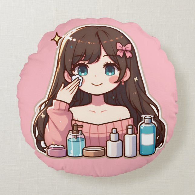 Girl applying skincare cute anime art round cushion (Front)