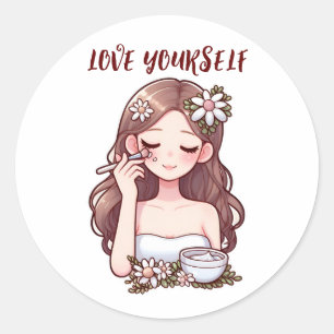 Girl applying skincare Love yourself Classic Round Sticker