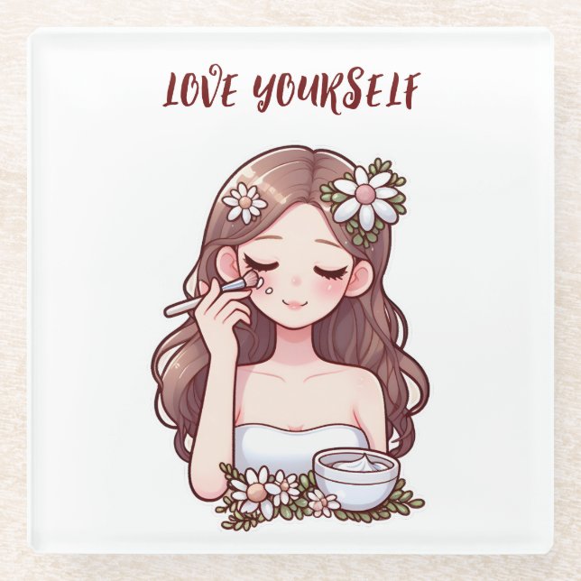 Girl applying skincare Love yourself Glass Coaster (Front)