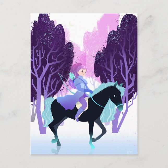 Girl Archer Riding Black Horse  Holiday Postcard (Front)