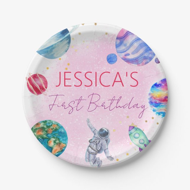 Girl Astronaut Gold Pink Rocket Ship Planet Paper Plate (Front)