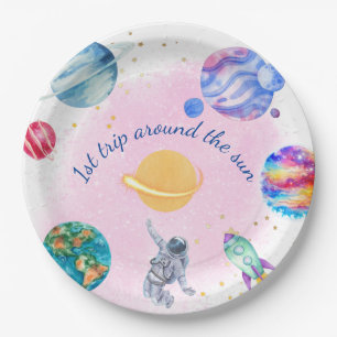 Girl Astronaut Gold Pink Rocket Ship Planet Paper Plate