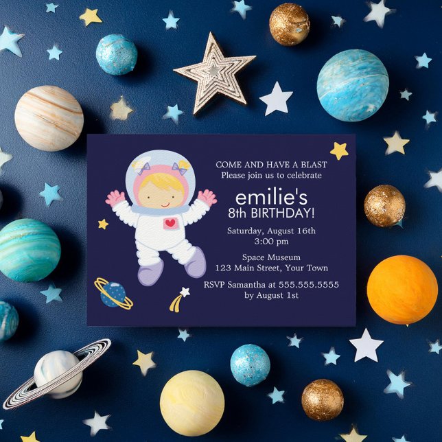 Girl Astronaut Outer Space Themed Birthday Invitation (Creator Uploaded)