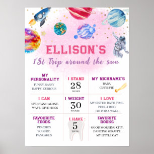 Girl Astronaut Space First Birthday Milestone Poster