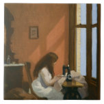 Girl at a Sewing Machine (by Edward Hopper) Tile<br><div class="desc">This design features a painting the American realist artist Edward Hopper (1882–1967). It is a quiet yet evocative depiction of solitude and introspection, themes that are often central to Hopper's work. The painting captures a young woman, the titular girl, sitting at a sewing machine, absorbed in her task. Hopper's distinctive...</div>