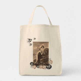 Girl at Seashore with Shells  grocery tote bag