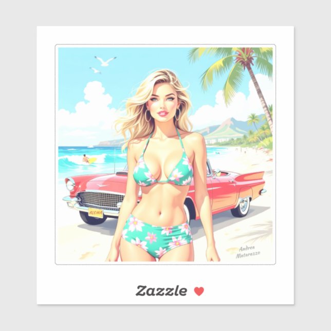 Girl at the beach with a classic car (Sheet)