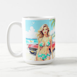 Girl at the beach with a classic car coffee mug