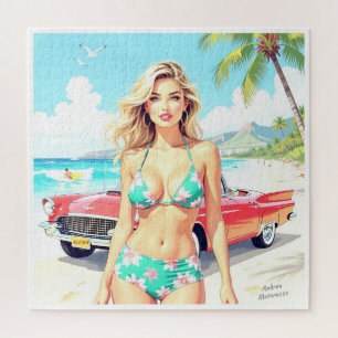 Girl at the beach with a classic car jigsaw puzzle