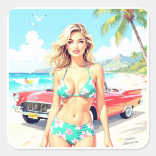 Girl at the beach with a classic car square sticker