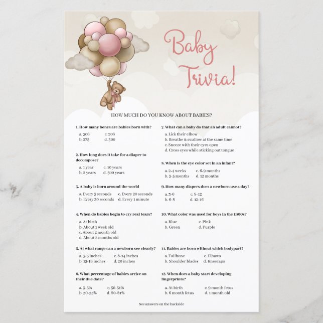 Girl baby bear pink brown balloons Baby Trivia (Front)