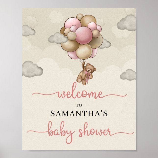 Girl baby bear pink brown balloons welcome sign (Front)