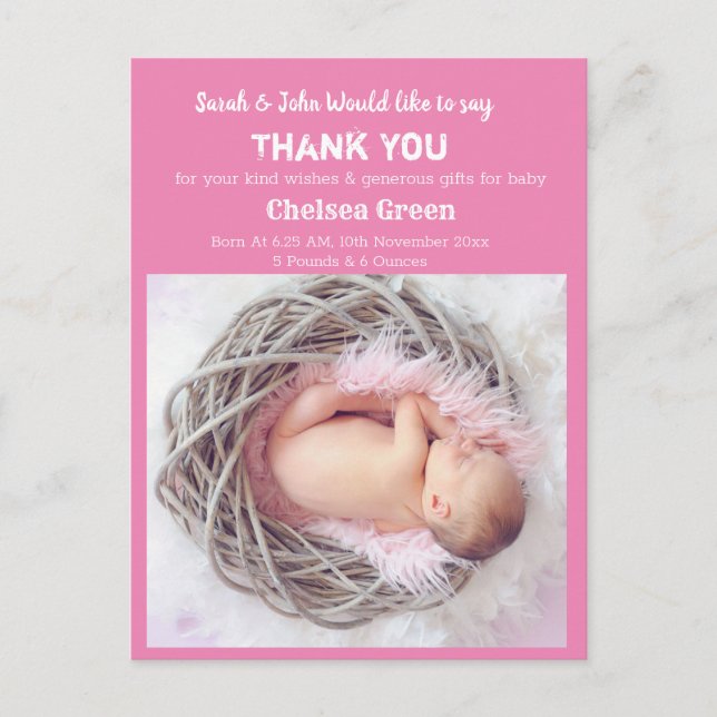 Girl Baby Birth Announcement Thank You Postcard (Front)