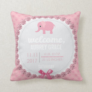 Girl Baby Birth Record   Pink Nursery Elephant Cushion