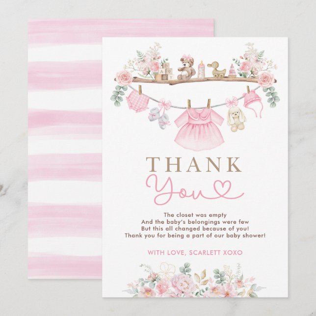 Girl Baby Clothes Pink Floral Baby Shower Thank You Card (Front/Back)