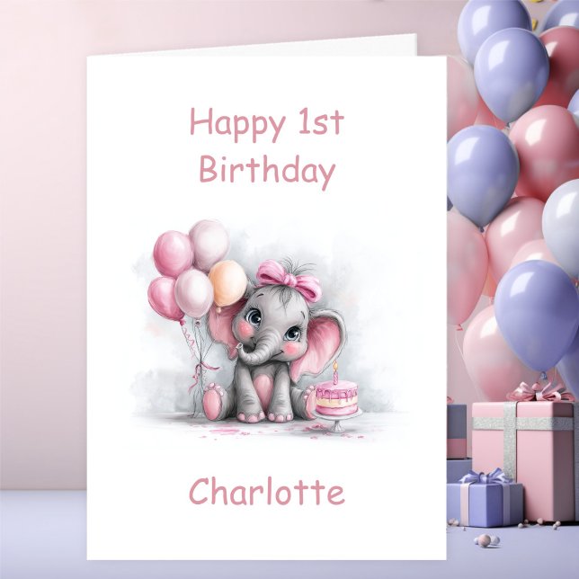 Girl Baby Elephant 1st Birthday Card (Creator Uploaded)