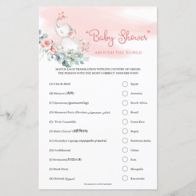 Girl Baby Elephant “Baby Shower” Around the World (Front)