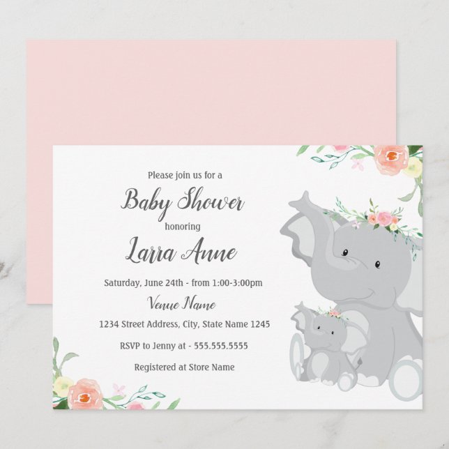 Girl Baby Elephant Baby Shower Invitation (Front/Back)