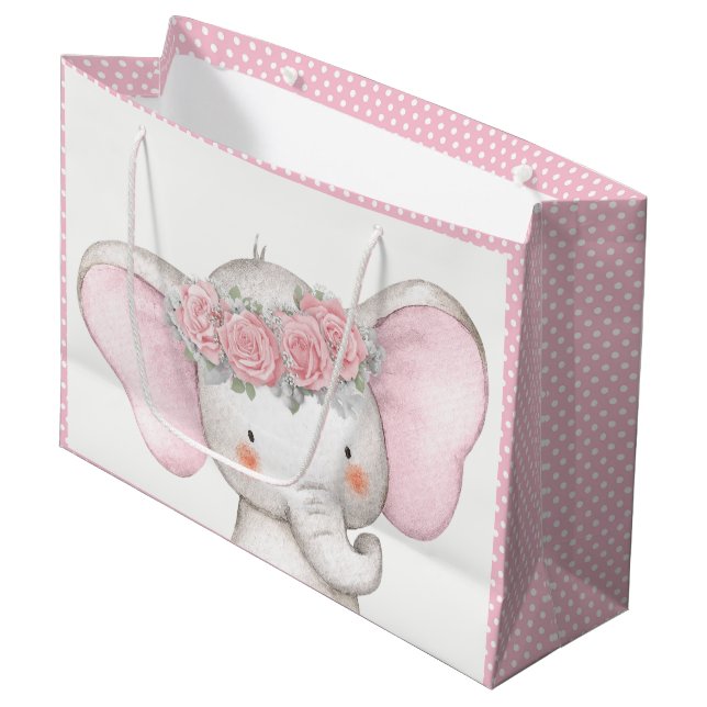 Girl Baby Elephant Baby Shower Large Gift Bag (Front Angled)