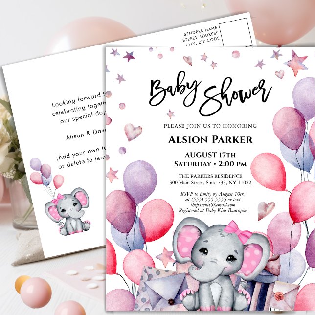 Girl Baby Elephant Pink Balloons Cute Baby Shower Invitation Postcard (Creator Uploaded)